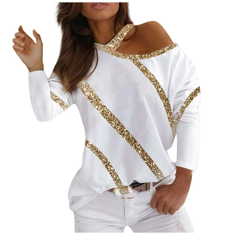 JDEFEG Loose Casual T Shirt Gold Shoulder Casual Pullover Bright Sleeve T- Shirt Off Long Loose Women's Women's Blouse Womens Thermal Tops Plus Size  Polyester White Xl 