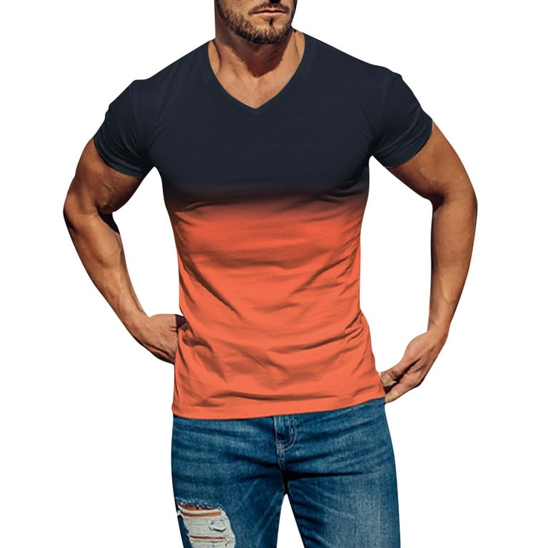 JDEFEG Men Plain T Shirts Mens Spring Summer Casual Sports Comfortable Soft  Gradient Solid Color Slim Short Sleeve V Neck T Shirt Men's  Polyester,Spandex Orange Xxl 