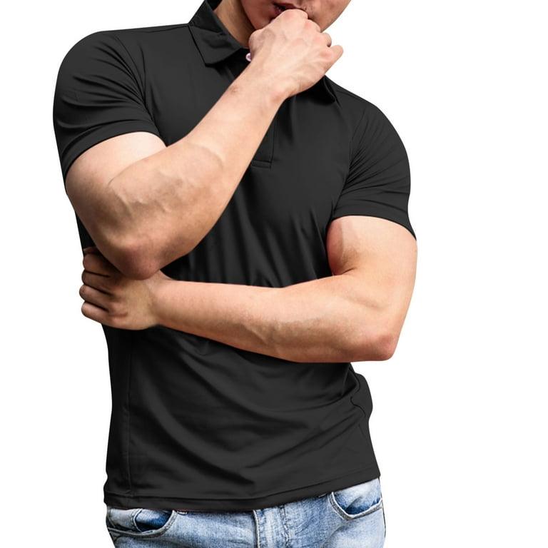 JDEFEG Mens Large Tall T Shirts Men Summer Casual TurnNeck Solid Button Short Sleeve Tee Shirt Top Blouse Long Sleeve Thumb Hole Polyester Spandex