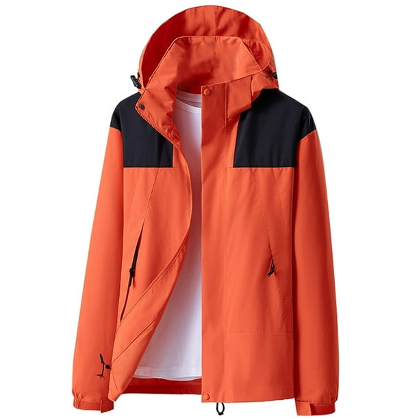 JDEFEG Mens Rain Jacket with Hooded Windproof Hiking Coat Lightweight Windbreaker Hiking Gear Jackets for Men Orange Size M