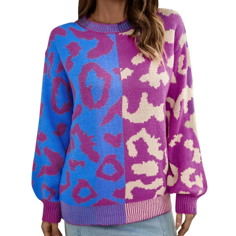 JDEFEG Mens Soft Sweatshirt Women's Fall and Winter Sweater Leopard Print  Stitching Mixed Knit Sweater Pullover Sweater Pumpkin Sweatshirt Knitting  Purple S 