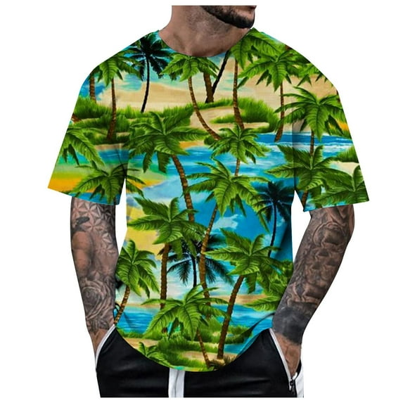JDEFEG Mens Tops Shirts Vintage Men's Short Sleeved Tropical Style Print T Shirt Running Gym Workout Tee Tops Work Shirts Green Size Xxxl