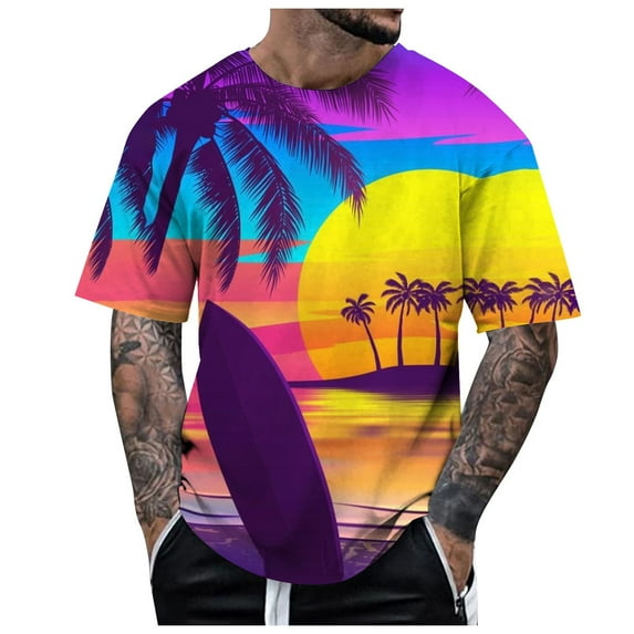 JDEFEG Mens Tops Shirts Vintage Men's Short Sleeved Tropical Style Print T Shirt Running Gym Workout Tee Tops Work Shirts Purple Size S