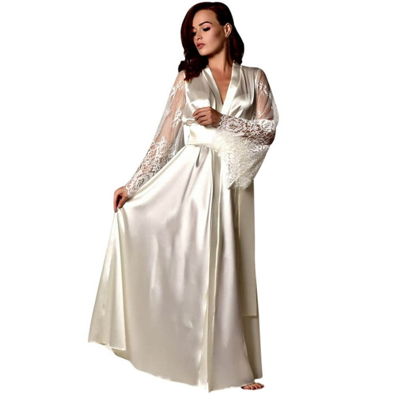 JDEFEG Nightie and Robe Set Satin Silk Nightgown Long Sleepwear Robe  Lingerie Lace Nightdress Women Fringe Dress with Belt Polyester White Xxxl