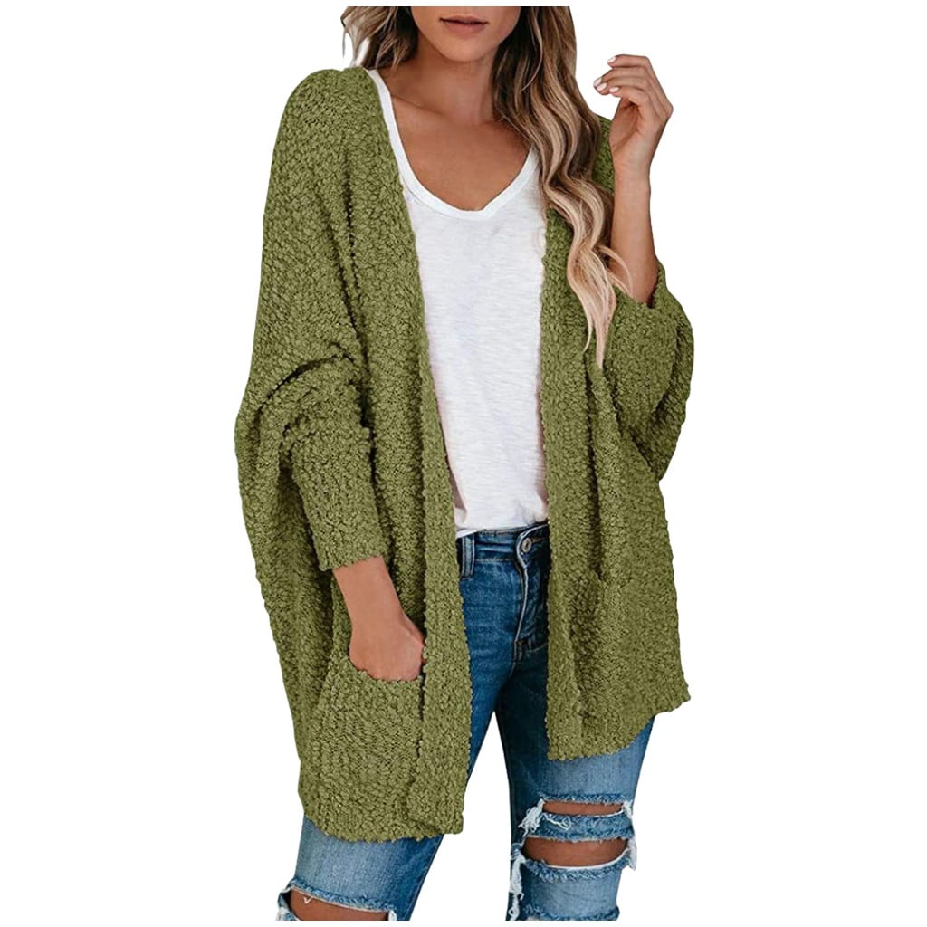 Women's Long Sleeve Open Front Cardigan - Soft Popcorn Knit, Pockets, Mustard Color - View #2