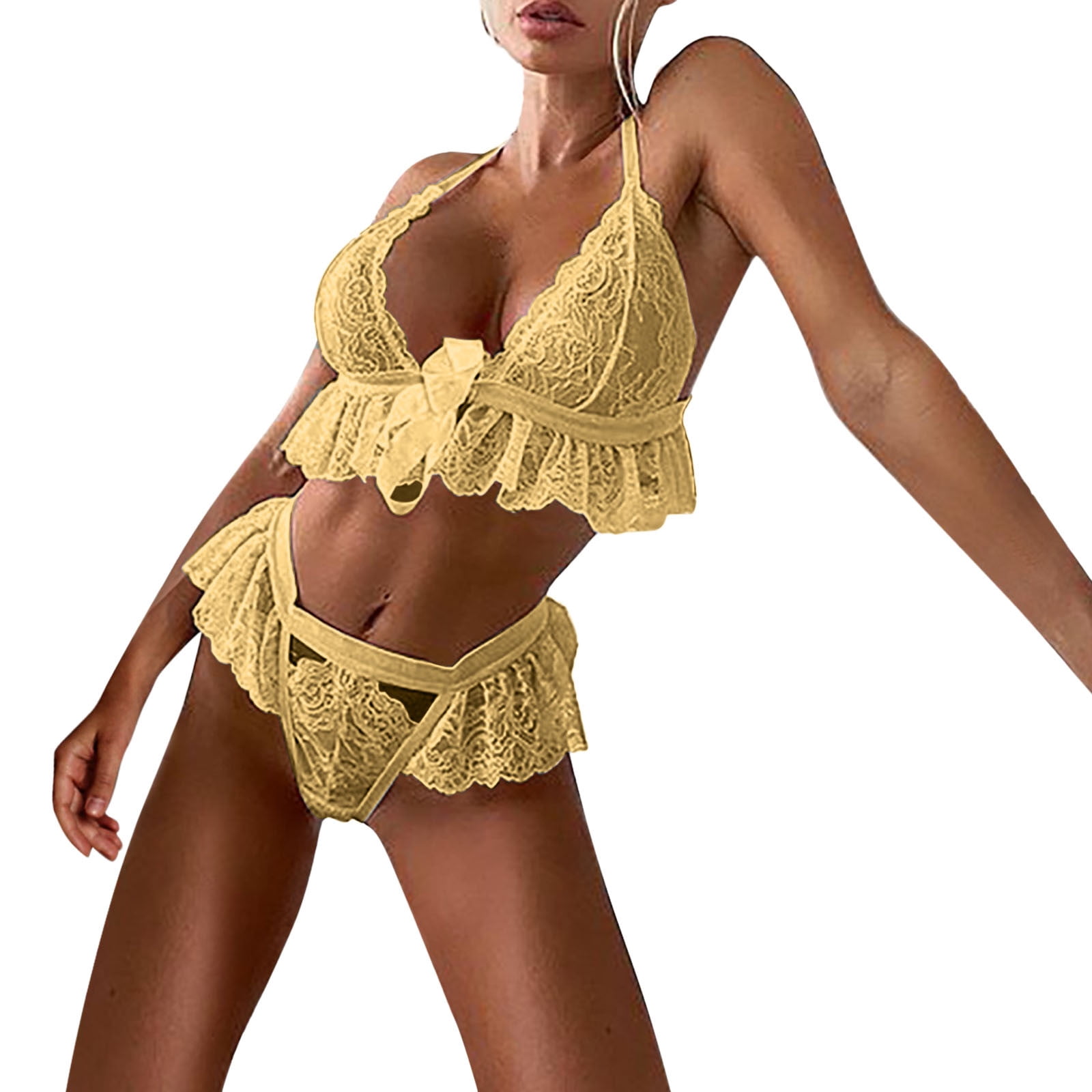 JDEFEG Padded Strapless Bras for Teens Underwear Briefs Womens Lace  Gathered Thin Wireless Bra Set Lingerie Underwear Pajamas Vintage Gown Lace  Yellow L 