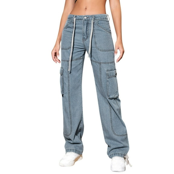 JDEFEG on Pants 2023 New Jeans for Women Trendy 90S Jeans Booty Lifting Jeans for Women Denim Straight Leg Jeans for Women Ripped Jeans Womens Multiple Pockets Res Denim Light Blue Size L