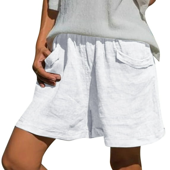 JDEFEG Plus Size Linen Womens Summer Basic Loose Comfy Shorts Solid Elastic Waist Casual Pants with Pockets Womens Plus Size Striped Pants Linen White M