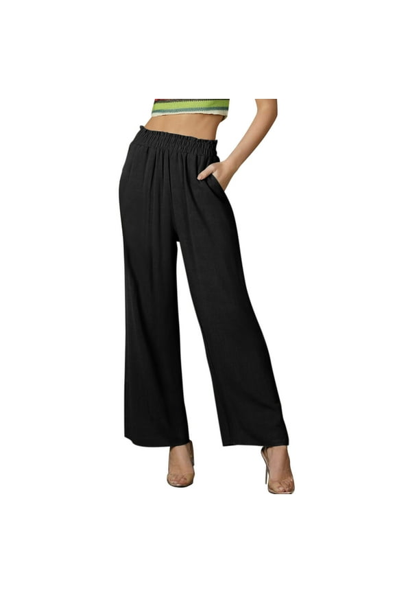 Plus Size Women's Dress Pants Womens Wide Leg Palazzo Pants High Waisted Pant Pleated Loose Fit Smocked Casual Trousers Real Leather Pants Women Plus Size Polyester,Cotton Black S