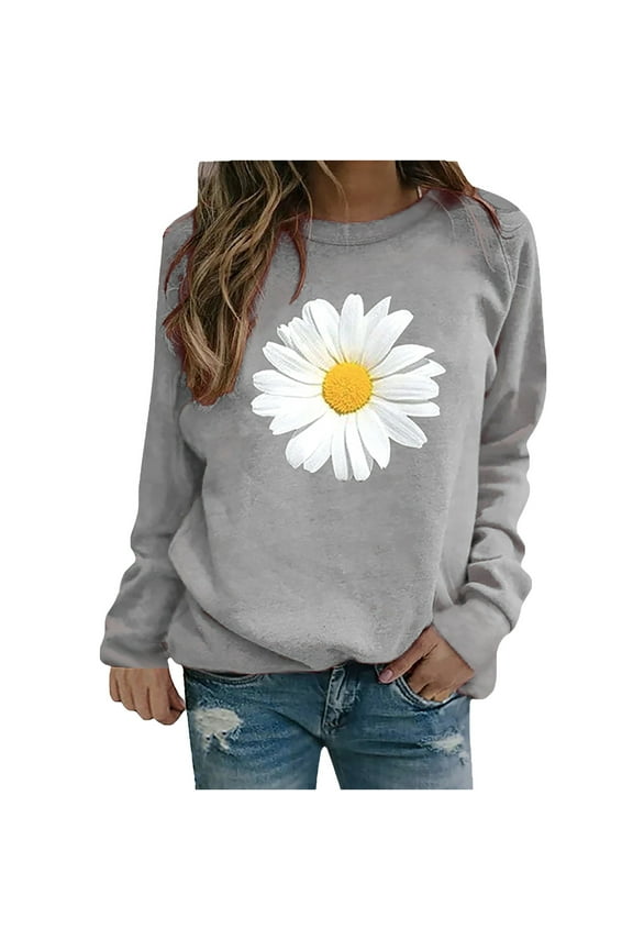 Raglan T Shirt Women Print Casual Ladies Winter Womens Sweatshirt Daisy Tops Sweater Tee Blouse Women's Blouse Swiftly Tech Long Sleeve Polyester Grey M