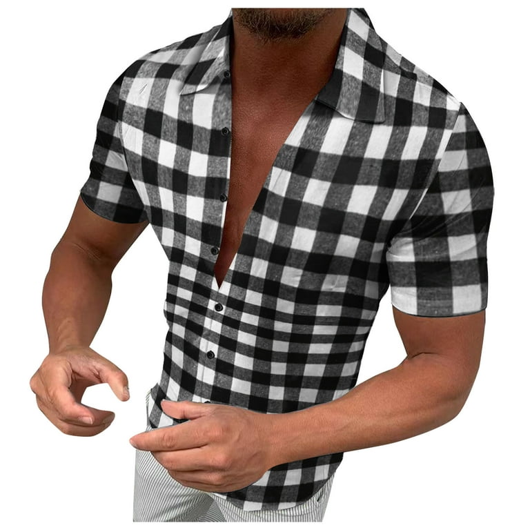 JDEFEG Shirts for Men Male Bodysuit Mens Spring and Summer Fashion Casual  Sanding Plaid Buckle Lapel Short Sleeve Shirt Jacket Long Sleeve Shirts for  Men Grinding Grid Black Xxl 