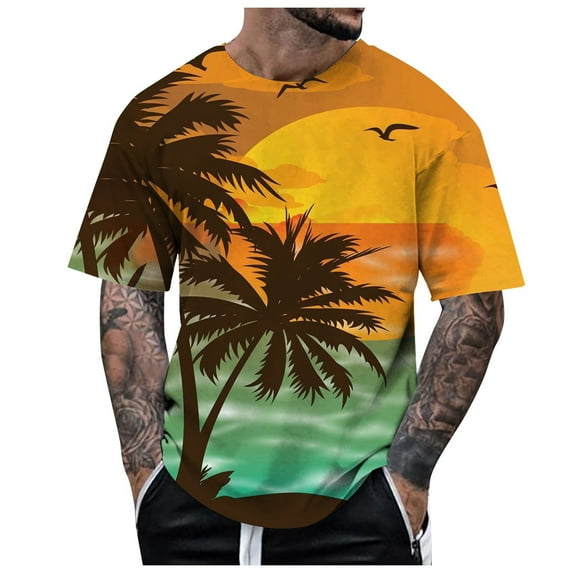JDEFEG Shirts for Men Relaxed Fit Male's Short Sleeved Independence Day Flag Print T Shirt Running Gym Workout Tee Tops Work Shirts Yellow Size L