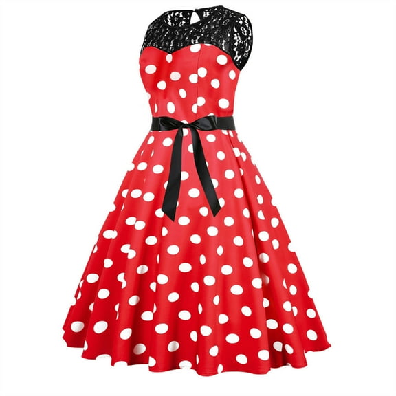 JDEFEG Short for Women Womens 1950S Vintage Swing Dress Dots Lace Prom Party Dress Easter Dress Adult Casual Dress for Women Polyester Red L