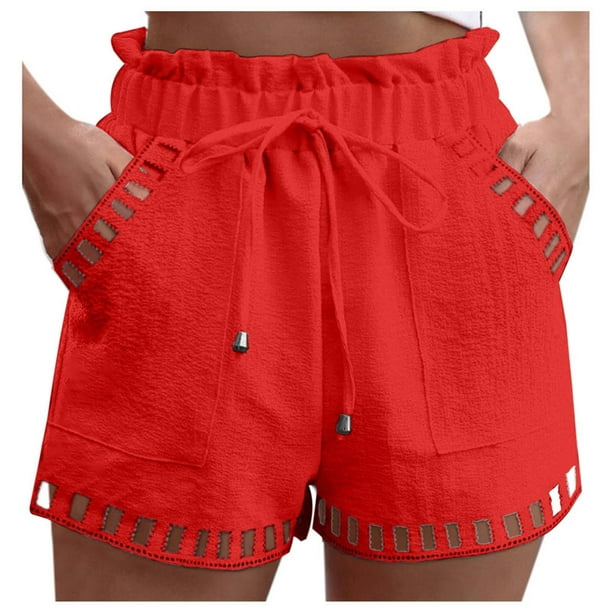 JDEFEG Shorts for Women Comfy Ladies Solid Color Thin Hollow Out Design Pocket Tight Waist Shorts Lightweight Casual Trendy Short Pants Red Size L