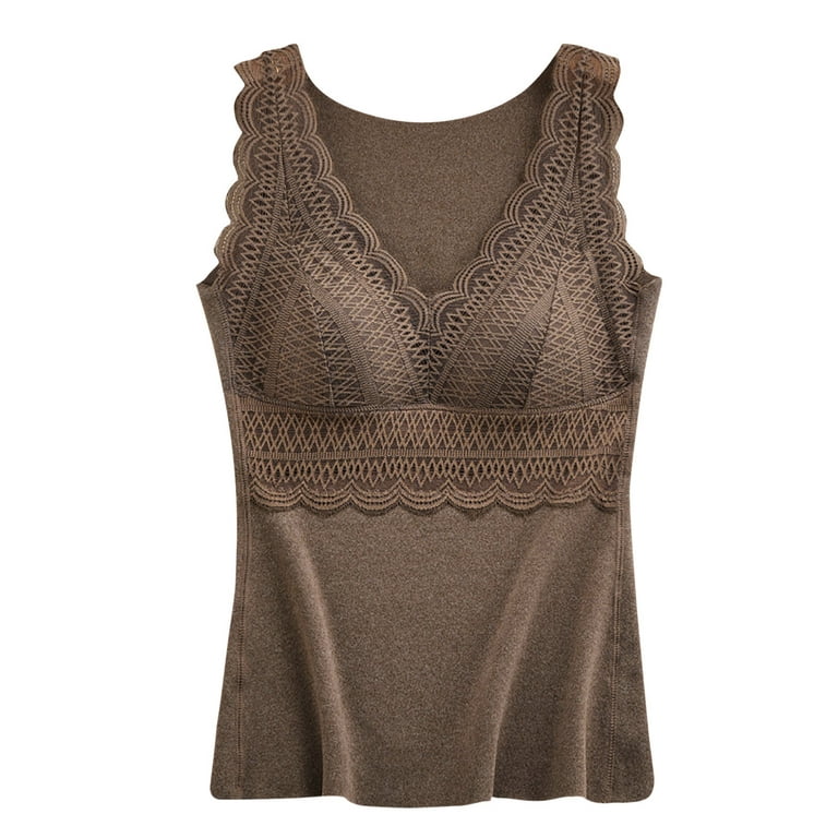 JDEFEG Thermal Top for Women Winter Sleeveless Thermal Shirts for Women  with Built in Bra V Neck Lined Underwear Thermal Tank Tops Vest Polyester  Beige 