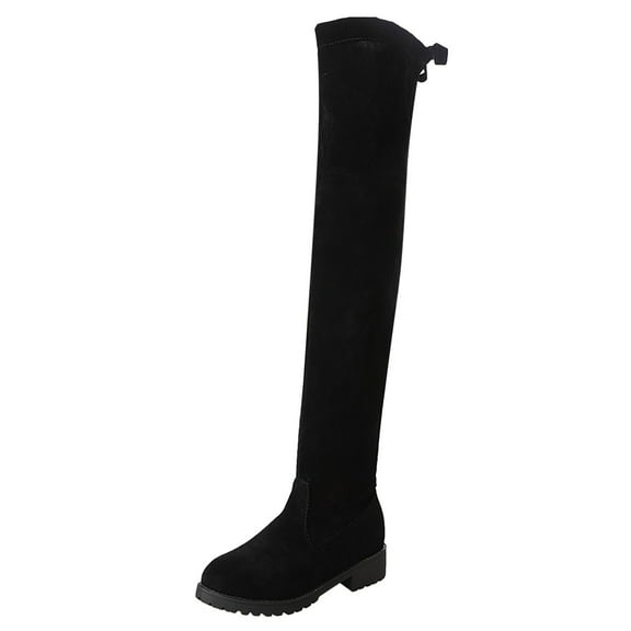 JDEFEG Slim Fit Womens Knee High Boots Lace up Over The Knee Boots with Plush Inner Layer Winter Round Toe Elastic Square Heel Slim Black Boots for Women Black Size 40