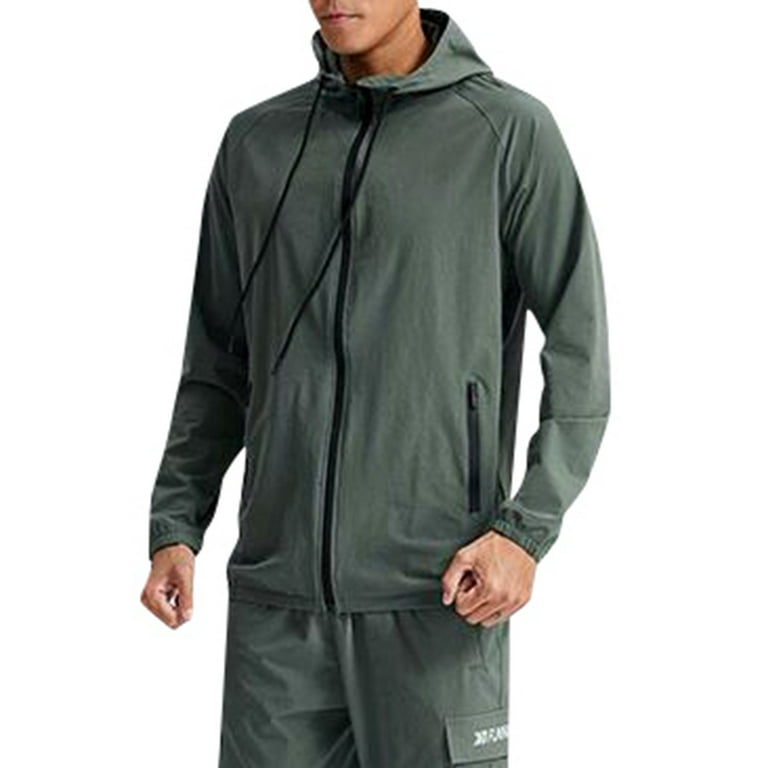 JDEFEG Solid Color Mens Jacket Sports Coat Hooded Leisure Outdoor Running Clothes Fitness Training Sport Jackets for Men Green Size Xxl