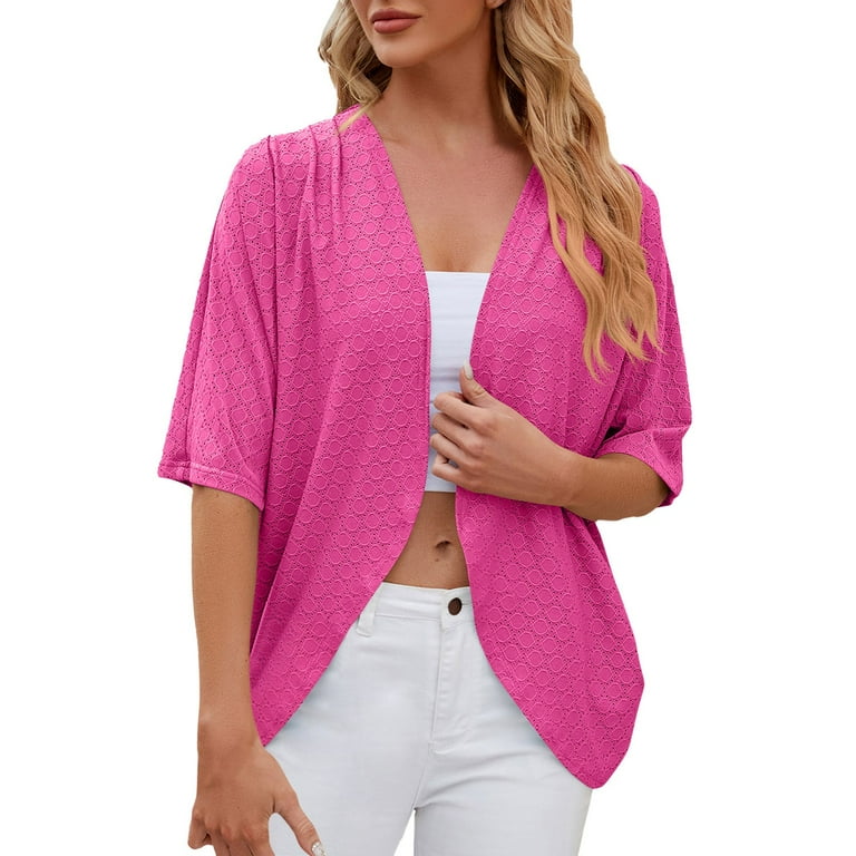 JDEFEG Spring Summer Activewear Cardigan for Women Solid Color Mid Sleeved Cardigan Knitted Cardigan Coat Air Conditioned Cardigan Hot Pink Size S