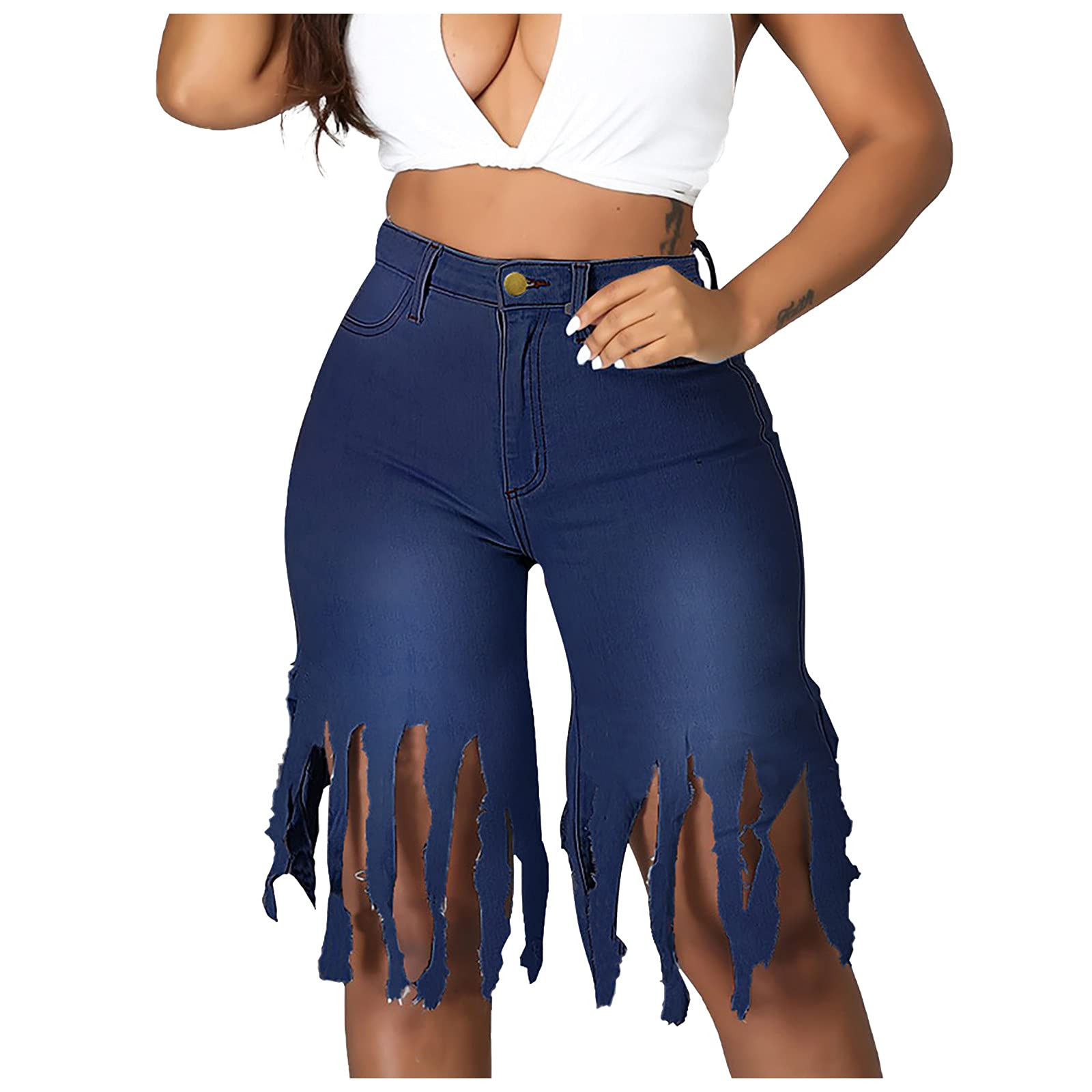 JDEFEG Squat Proof Shorts Women Women Tassel Summer Mid Waist Jean
