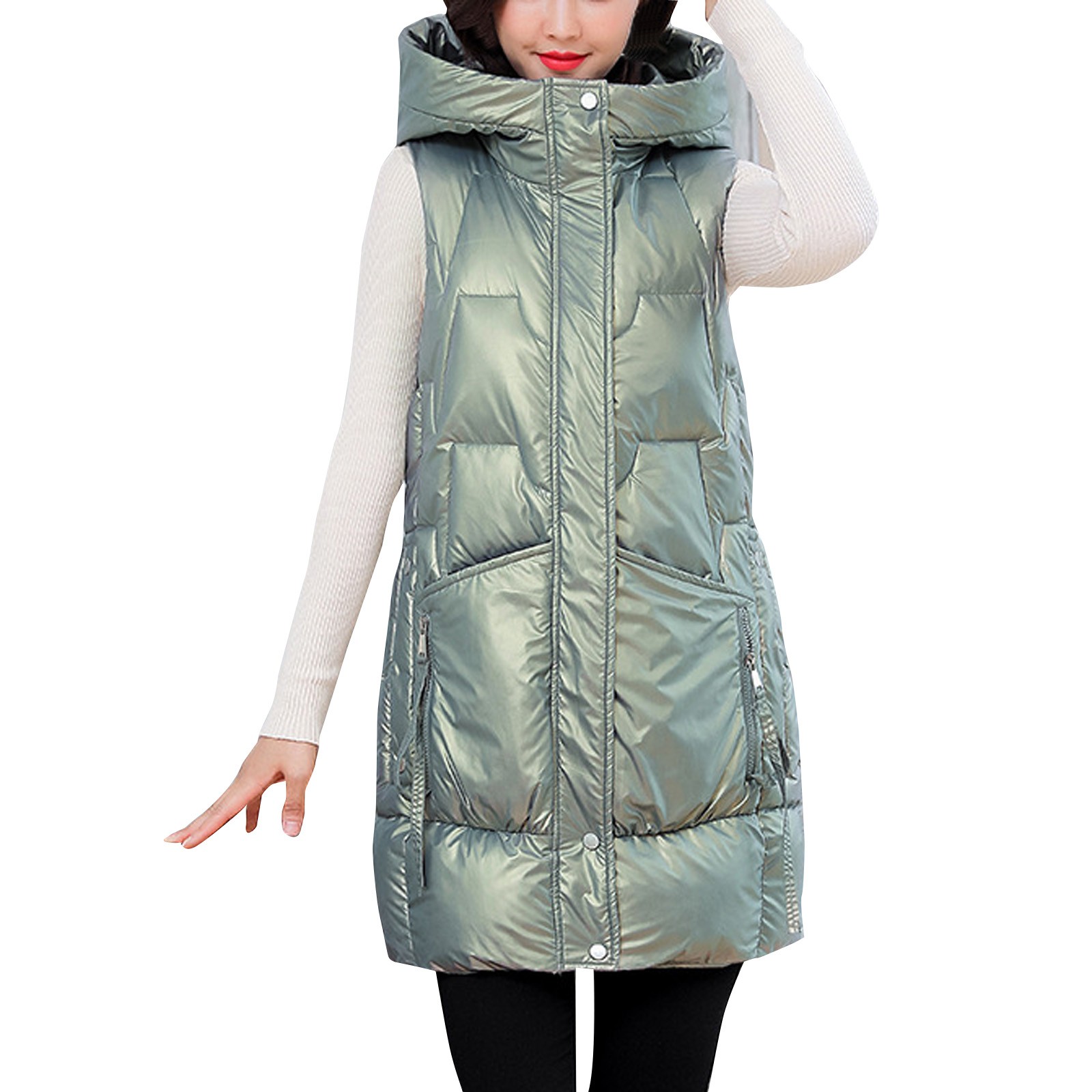 JDEFEG Suit Vest Women Casual Solid Coat Jacket Hooded Vest Zipper