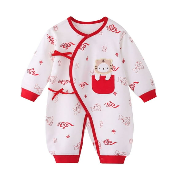 Fsqjgq Summer Baby Boy Clothes Baby Girl Boy Calendar Chinese New Year Onesie Kimono Tang Suit Red Long Sleeve Romper Jumpsuit Outfits Baby Boy Sleepers Cotton White 52