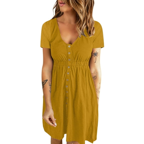 JDEFEG Summer Elegant Dress Womens Casual Summer T Shirt Style Short Sleeve Flare Dress with Pockets Womens Casual Beach Long Dress Pockets Polyester,Spandex Yellow S