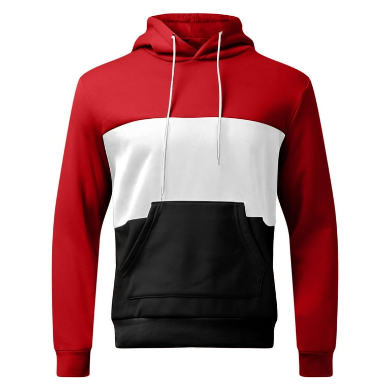 JDEFEG Sweatshirts for Men Mens Pullover Hoodie Sweatshirt Drawstring Hooded Color Block Hoodie Mens with Pocket Gift Boy Fabric Red M