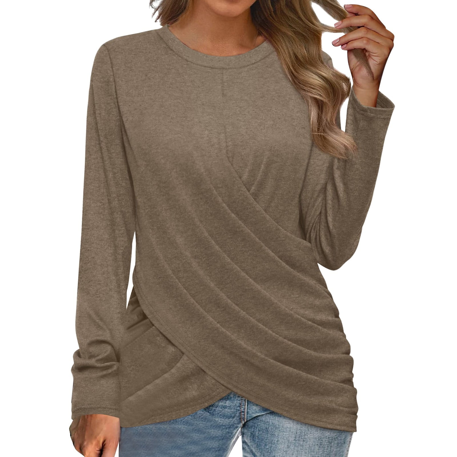 JDEFEG T Shirts for Womens Cute Summer Tops Womens Long Sleeve Tops Twist  Front Tops To Wear with Leggings Short Sleeved Shirts Womens Polyester  Khaki M