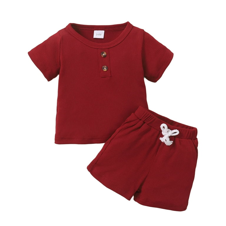 JDEFEG Teen Girl Outfits Toddler Baby Boy Girl Clothes Summer Knit Short  Sleeve Buttons T Shirt Elastic Waist Shorts Set Outfits Matching Girls  Clothes Polyester Red 18M 
