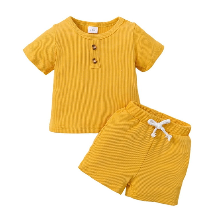 JDEFEG Teen Girl Outfits Toddler Baby Boy Girl Clothes Summer Knit Short  Sleeve Buttons T Shirt Elastic Waist Shorts Set Outfits Matching Girls