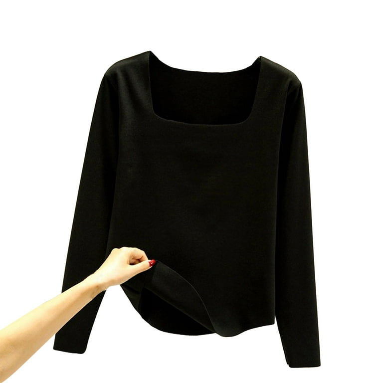 JDEFEG Thermal Underwear Womens Thermal Tops Long Sleeve Pack Women  Autumn/Winter Solid Color Body Fit Square Neck Long Sleeve Thermal Top  Polyester Black Xl 