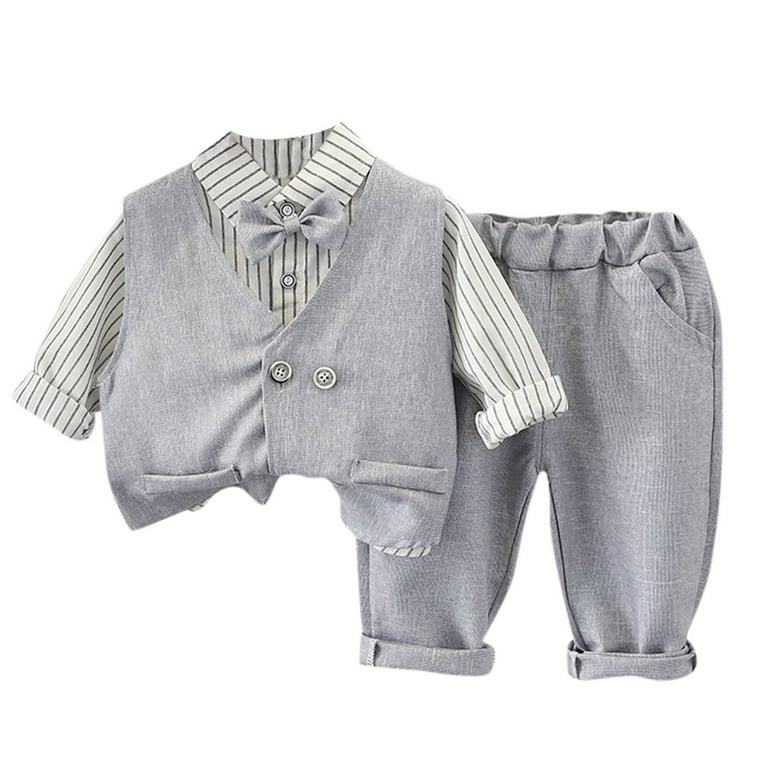 JDEFEG Toddler Boy Summer Clothes Toddler Kids Child Baby Boys Gentleman  Long Sleeve Striped Bowknot Shirt Tops Solid Pant Trousers with Vest  Outfits