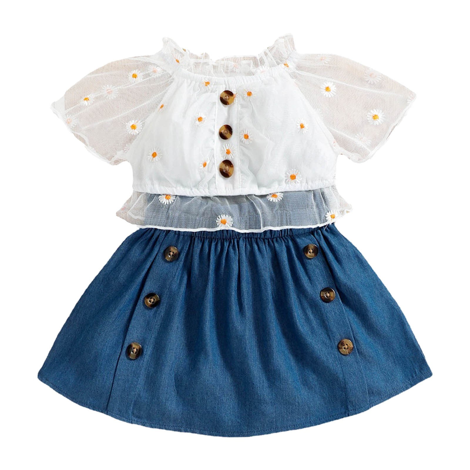 White Apple Print Summer Dress for Baby Girls – 2PC Top & Floral Trouser Set main image 1