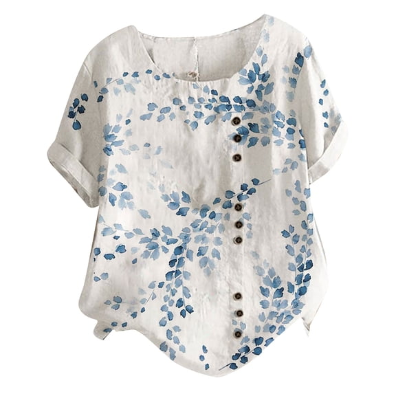 JDEFEG Tops for Women Loose Fit Women Blouse Topflower Print Loosestylish T-Shirts Short Sleeve Work Shirts Women T Shirts for Women Polyester White L