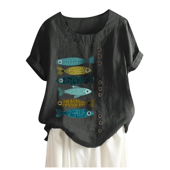 JDEFEG Tops for Women Short Sleeve Blouse Short Women Shirt Print Sleeve Boho Casual Button Loose Top Fish Women's Blouse Long Sleeve T Shirt V Neck Women Polyester Black Xxxxl