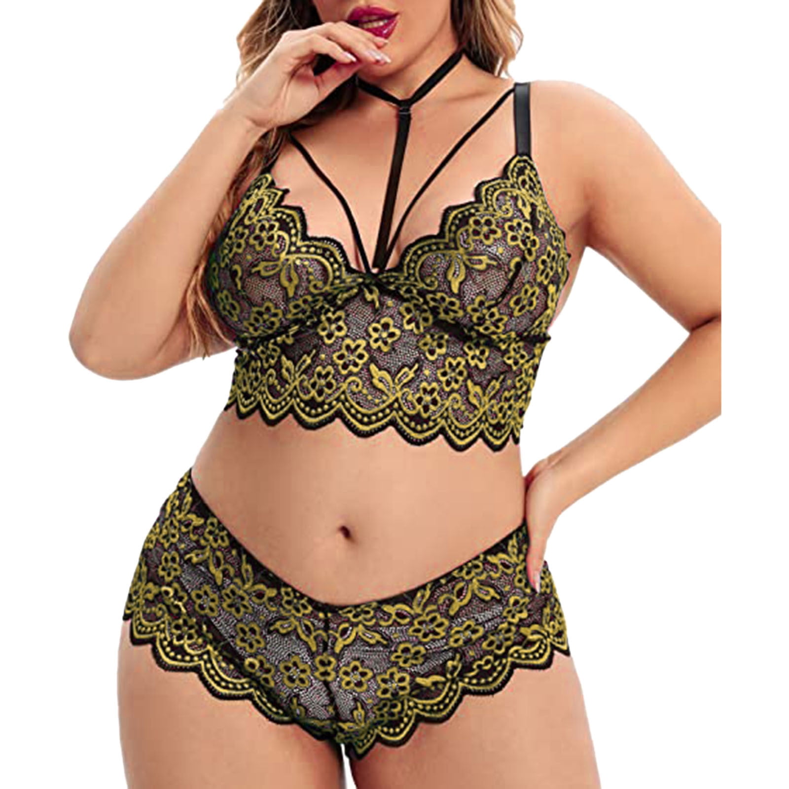  Womens Plus Size Long Line Bra and Panty Gartered Lace Net Lingerie  Bra Set Black: Clothing, Shoes & Jewelry