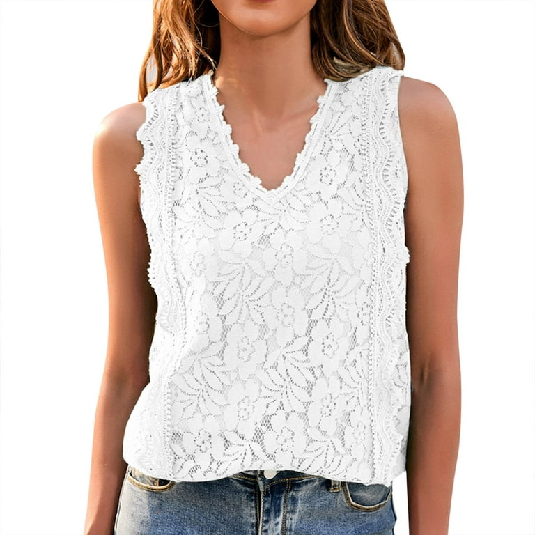 JDEFEG Wardrobe Top Womens Lace V Neck Tunic Tank Tops Casual Sleeveless  Shirt Blouse Cotton High Neck Tops for Women Girls Undershirts Lace White L  