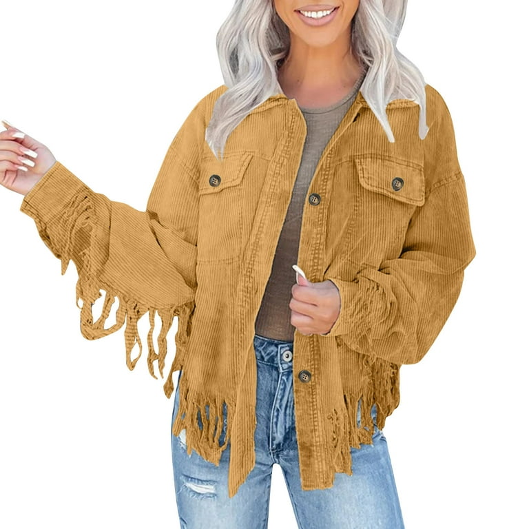 JDEFEG Western Clothes Women Fashion Tops Clothes Casual Turn Collar  Corduroy Jacket Elegant Long Sleeves Tassels Single Short Coat with Sleeves  Polyester Yellow S 