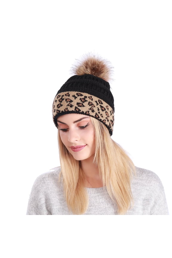 Winter Hats Chaos Trapper Hat Cable Knit Pom Poms Lined Rolled Hems Leopard Print Stocking Caps Men Winter Hats for Women Polyester Black