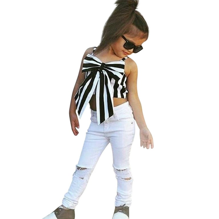 JDEFEG Winter Outfits Teens Toddler Kids Girls Big Bowknot Strap Striped T  Shirt Tops Hole Long Pants Leggings 2Pcs Outfits Clothes Set Clothes Girl