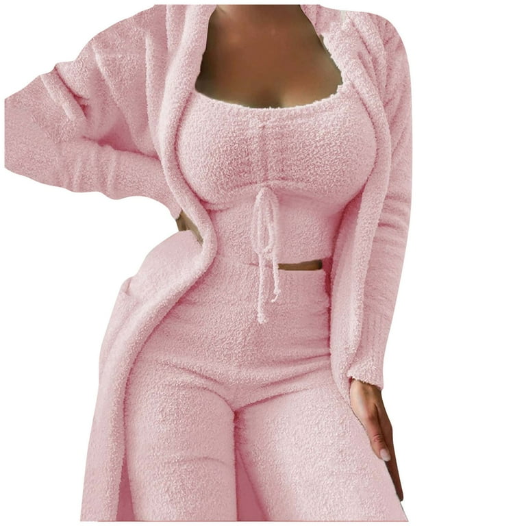 JDEFEG Woman Suits Set for Work Size 10 Women's Winter Plush Casual  Sportswear Solid Long Sleeves 3 Piece Set Cape Pants Suit for Women  Polyester Pink