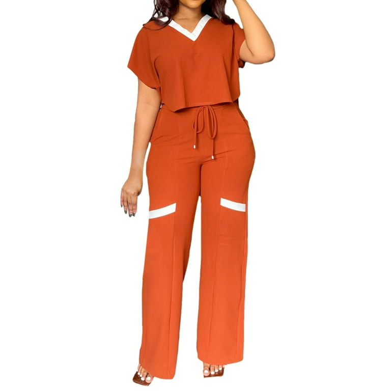 JDEFEG Women Petite Suits Spring and Summer Solid Color Short Sleeve Top Flare Pants Suit Work Pant Suits for Women Pant Suits for Women Orange Size S
