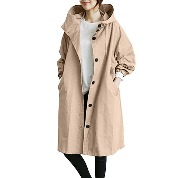 JDEFEG Women'S Windbreaker Fashion Hooded Elegant Jackets Long Trench Coat Windproof Classic Lapel Slim Overcoat Fall Womens Coats Khaki Size Xxl