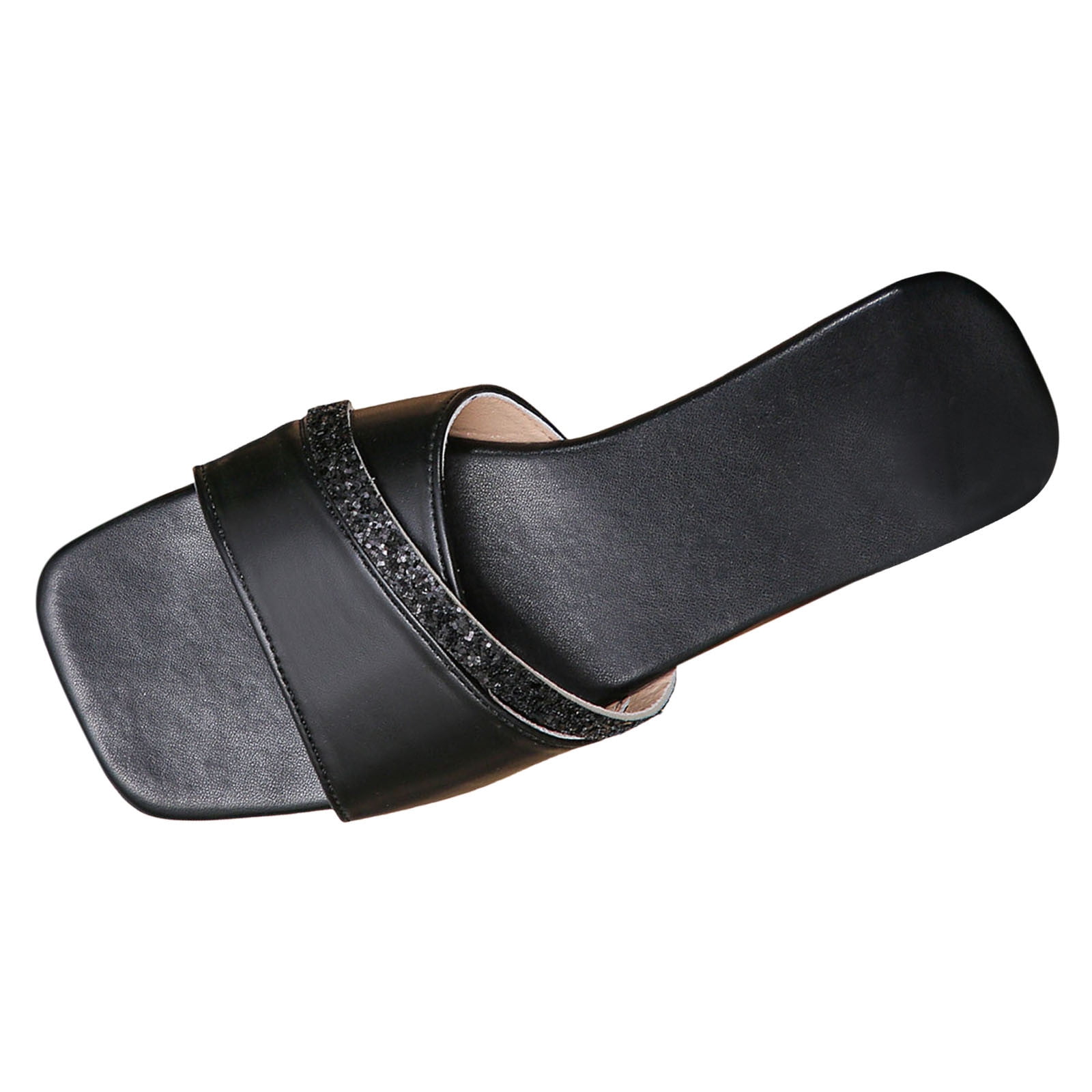 JDEFEG Women Sandals Fashionable Pattern Solid Color Sequin Decoration Flat Bottomed Square Toe Open Toe Breathable Comfortable Summer Beach Shoes Black Size 40