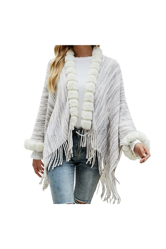 Women Sweater Coat Long Thick Women's Young Fringe Cape Cardigan Size Scarf Shawl Wrap Baggy Party Plush Fashion Spacious Coat Cable Knit Sweater Girls White