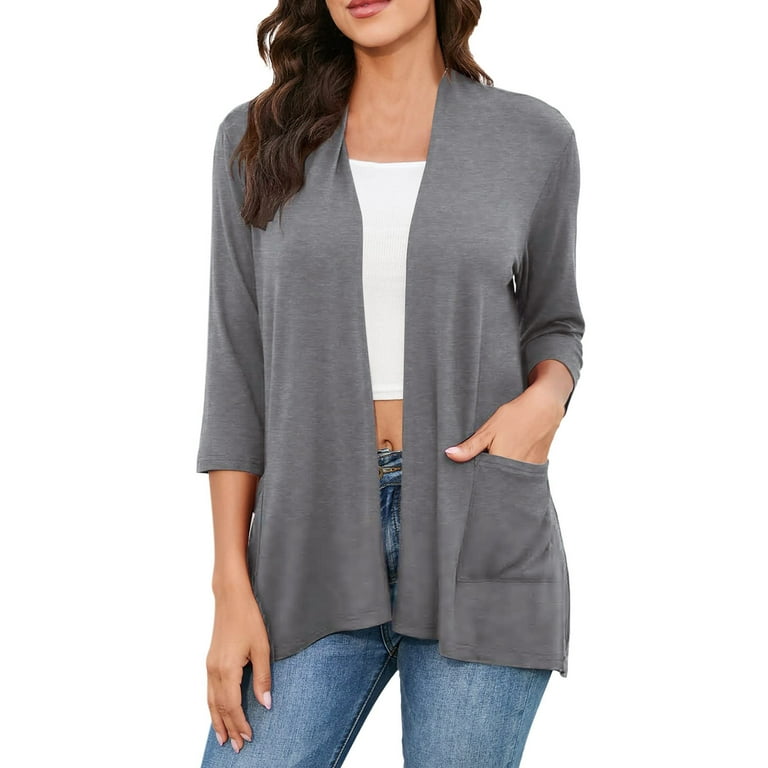 JDEFEG Women Sweater Work Womens Casual Lightweight Cardigan with Pockets 3 4 Sleeve Front Open Dust Duster Girl 6 7 Polyester Spandex Cotton Grey L