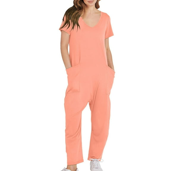 JDEFEG Women's Jumpsuits Womens Overalls Casual Loose Short Sleeve Long Trousers Solid Jumpsuit with 2 Pockets Classic Dressy Jumpsuits for Women Orange Size M