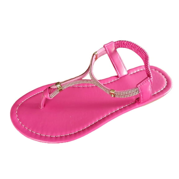 JDEFEG Women's Rhinestone Clip Toe Flat Bottom Slippers Summer Roman Sandals Comfort Walking with Non Slip on Wedges Heels for Women Hot Pink Size 37