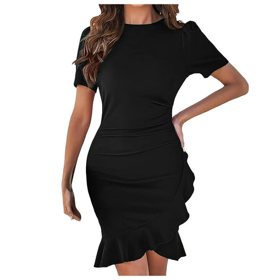 JDEFEG Women's Ruched Summer Crew Neck Ruffle Short Sleeve Mini Bodycon Dress Holiday Wear Work Party Womens Fashion Wedding Dresses for Bridesmaid Black Size M