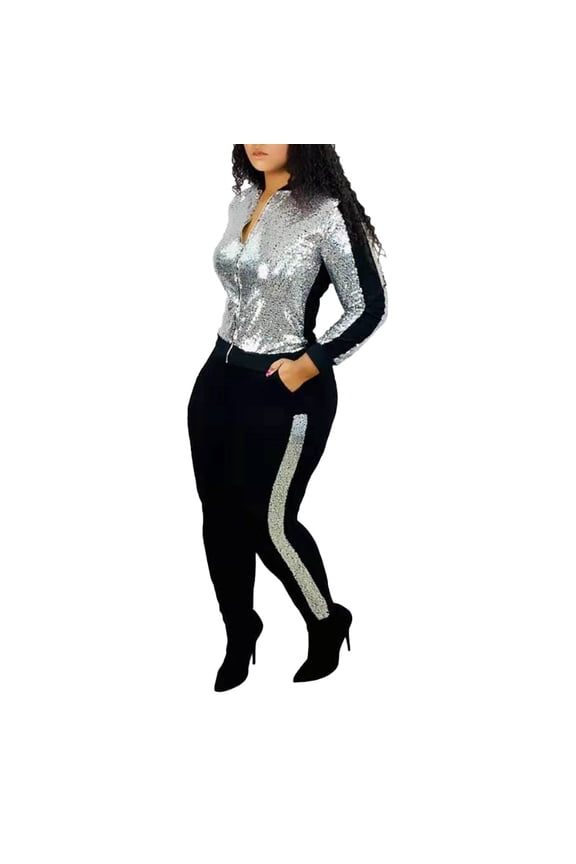Women's Spring Fashion Sexy Sequin Casual Two Piece Set Sweatsuits with Sweatpants Two Piece Workout Sets for Women Outfits Silver Size Xl